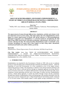 Role of Kudumbashree and Women Empowerment: a Study of Thiruvananthapuram Municipal Corporation Areas in Kerala State, India