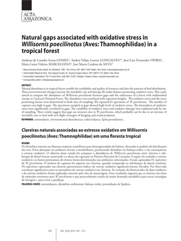 Natural Gaps Associated with Oxidative Stress in Willisornis Poecilinotus (Aves: Thamnophilidae) in a Tropical Forest