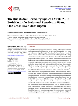 The Qualitative Dermatoglyphics PATTERNS in Both Hands for Males and Females in Ubang Clan Cross River State Nigeria