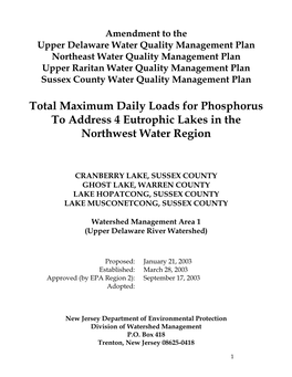 Total Maximum Daily Loads for Phosphorus to Address 4 Eutrophic Lakes in the Northwest Water Region