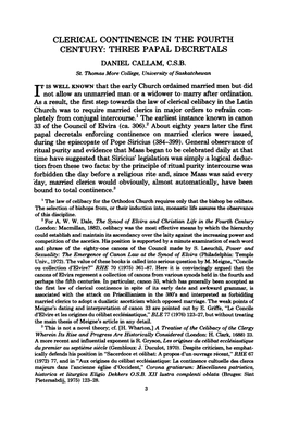Clerical Continence in the Fourth Century: Three Papal Decretals Daniel Callam, C.S.B