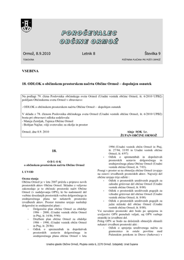 Ormož, 8.9.2010 Letnik 8 Številka 9 VSEBINA 18. ODLOK O Občinskem Prostorskem Načrtu Občine Ormož