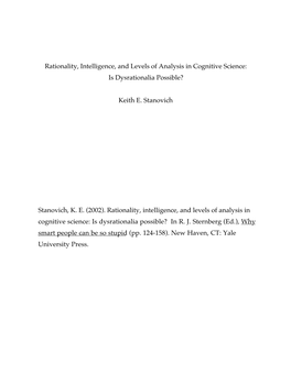 Rationality, Intelligence, and Levels of Analysis in Cognitive Science: Is Dysrationalia Possible?