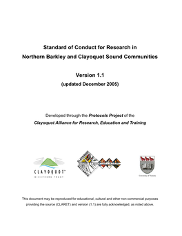 Standard of Conduct for Research in Northern Barkley and Clayoquot Sound Communities