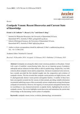 Centipede Venom: Recent Discoveries and Current State of Knowledge