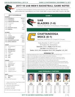 Chattanooga Mocs (0-1) Uab Blazers (1-0)