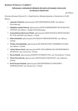 Komisarz Wyborczy W Lublinie I Informacja O Aktualnych Składach Obwodowych Komisji Wyborczych Na Obszarze Właściwości Gm