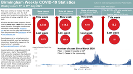 Birmingham Weekly COVID-19 Statistics Author: Dr Justin Varney (Department of Public Health) Th Th Weekly Report: 5 to 11 July 2021 Source: SGSS, NHS Digital