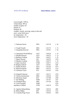 03.02.1974. St.Moritz Giant Slalom, Women Course Length: 1290 M