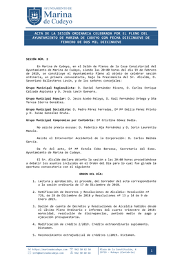 Acta De La Sesión Ordinaria Celebrada Por El Pleno Del Ayuntamiento De Marina De Cudeyo Con Fecha Diecinueve De Febrero De Dos Mil Diecinueve