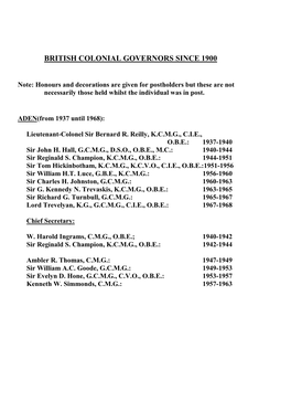 British Colonial Governors Since 1900