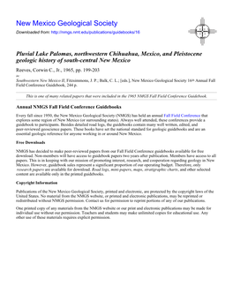 Pluvial Lake Palomas, Northwestern Chihuahua, Mexico, and Pleistocene Geologic History of South-Central New Mexico Reeves, Corwin C., Jr., 1965, Pp