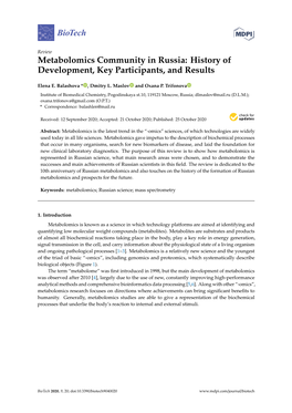 Metabolomics Community in Russia: History of Development, Key Participants, and Results