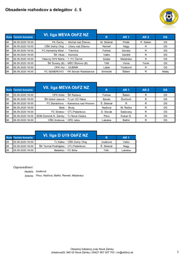 Obsadenie Rozhodcov a Delegátov Č. 5 VII. Liga MEVA Obfz NZ VI. Liga