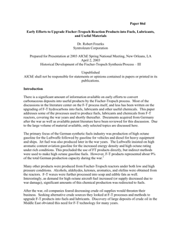 Early Efforts to Upgrade Fischer-Tropsch Reaction Products Into Fuels, Lubricants, and Useful Materials