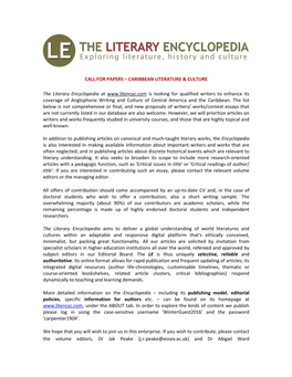 CARIBBEAN LITERATURE & CULTURE the Literary