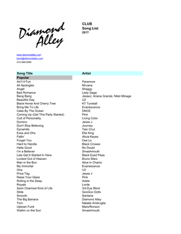 Diamond Alley Song List