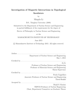 Investigation of Magnetic Interactions in Topological Insulators Mingda Li