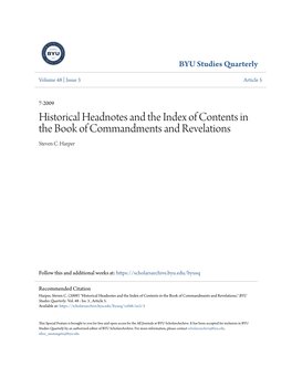 Historical Headnotes and the Index of Contents in the Book of Commandments and Revelations Steven C