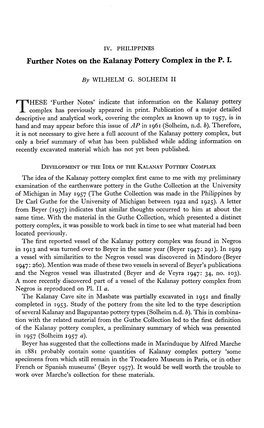 Further Notes on the Kalanay Pottery Complex in the P. I