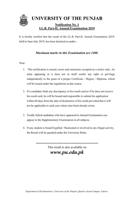 Notification No. 1 LL.B. Part-II Annual Examination 2019