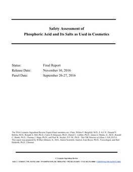 Safety Assessment of Phosphoric Acid and Its Salts As Used in Cosmetics