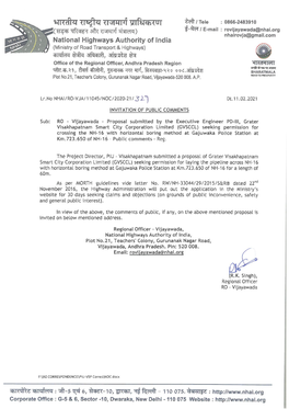 GVSCCL) Seeking Permission for Crossing the NH-16 with Horizontal Boring Method at Gajuwaka Police Station at Km.723.650 of NH-16 - Public Comments - Reg