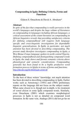 184 Compounding in Igala: Defining Criteria, Forms and Functions