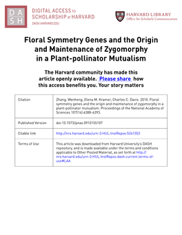Floral Symmetry Genes and the Origin and Maintenance of Zygomorphy in a Plant-Pollinator Mutualism