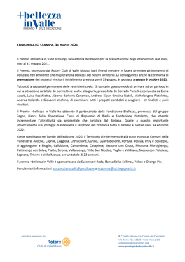 COMUNICATO STAMPA, 31 Marzo 2021