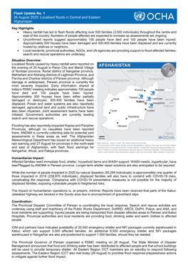 Flash Update No. 1 26 August 2020: Localised Floods in Central and Eastern Afghanistan