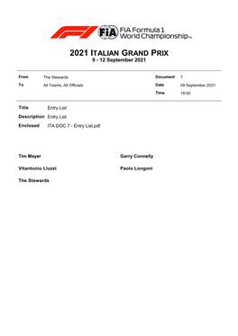 2021 ITALIAN GRAND PRIX 9 - 12 September 2021