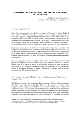 CONDITONAL PRICING and PREDATORY PRICING in EUROPEAN ANTITRUST LAW by Maritza Iliana Núñez Osorio Lawyer and Phd in European