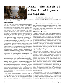 DOMEX: the Birth of a New Intelligence Discipline by Colonel Joseph M