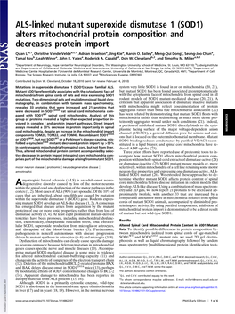 ALS-Linked Mutant Superoxide Dismutase 1 (SOD1) Alters Mitochondrial Protein Composition and Decreases Protein Import