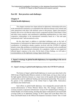 Part III Best Practices and Challenges Chapter 9 Global Health Diplomacy 1. Japan's Strategy in Global Health Diplomacy In