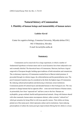 Natural History of Communism I. Pliability of Human Beings and Immutability of Human Nature