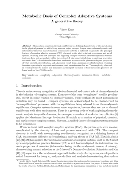 Metabolic Basis of Complex Adaptive Systems a Generative Theory