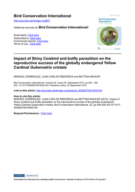 Bird Conservation International Impact of Shiny Cowbird and Bot Y
