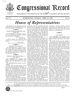 Congressional Record United States Th of America PROCEEDINGS and DEBATES of the 110 CONGRESS, SECOND SESSION