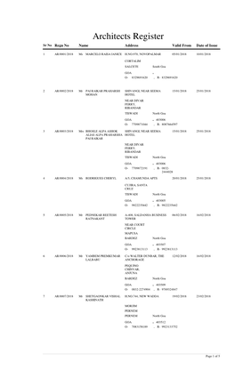 Architects Register Sr No Regn No Name Address Valid from Date of Issue