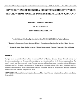 Contributions of Perkerra Irrigation Scheme Towards the Growth of Marigat Town in Baringo, Kenya, 1963-2013