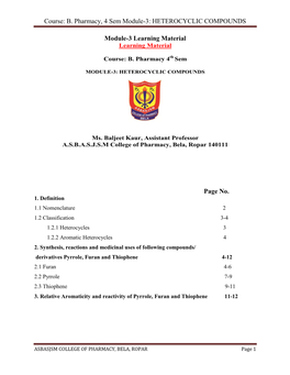 HETEROCYCLIC COMPOUNDS Module-3 Learning