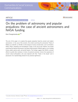 On the Problem of Astronomy and Popular Prejudices: the Case of Ancient Astronomers and NASA Funding ✉ Eleni Panagiotarakou 1