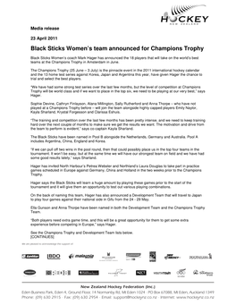 Black Sticks Women's Team Announced for Champions Trophy