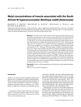 Metal Concentrations of Insects Associated with the South African Ni Hyperaccumulator Berkheya Coddii (Asteraceae)