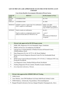 LIST of PRIVATE LABS APPROVED by STATE for COVID TESTING AS on 13-08-2020 Cost of Tests Fixed by Government of Kerala in Private Sector