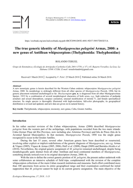 The True Generic Identity of Mastigoproctus Pelegrini Armas, 2000: a New Genus of Antillean Whipscorpions (Thelyphonida: Thelyphonidae)