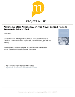 Autonomy After Autonomy, Or, the Novel Beyond Nation: Roberto Bolaño's 2666