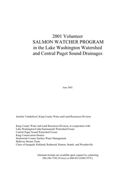 2001 Volunteer SALMON WATCHER PROGRAM in the Lake Washington Watershed and Central Puget Sound Drainages